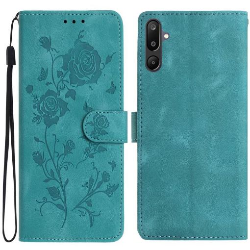 Samsung Galaxy F16 Green Leather Case with Rose Flower Embossing - 1