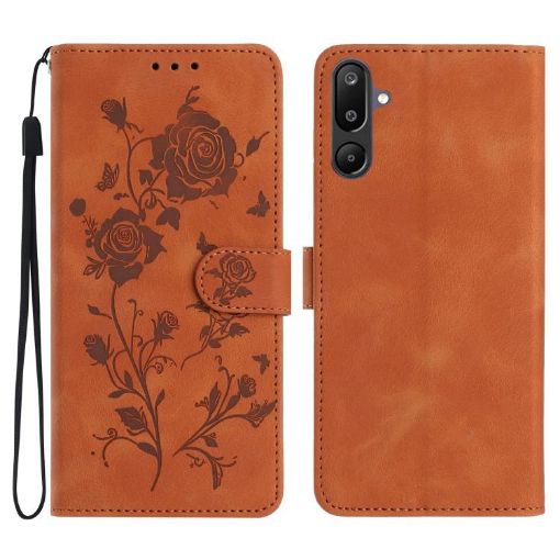 Samsung Galaxy F16 Brown Leather Case with Rose Flower Embossing Pattern - 1