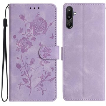 Samsung Galaxy F16 Light Purple Rose Embossing Leather Phone Case - 1