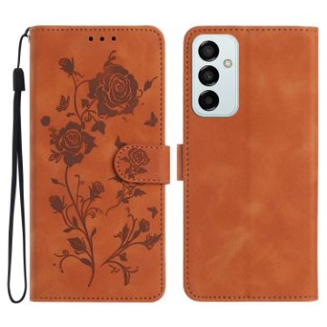 Samsung Galaxy M23 Brown Leather Case with Rose Flower Embossing Pattern - 1