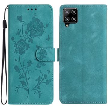 Samsung Galaxy M32 Green Leather Case with Rose Flower Embossing - 1