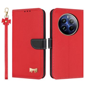 Realme 12+ 5G/12 4G/P1 Red Metal Bow Leather Phone Case with Hand Strap - 1