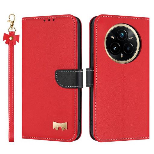 Realme 14 Pro+ 5G Red Metal Bow Leather Case with Hand Strap - 1
