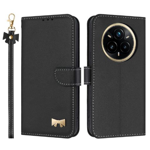 Realme 14 Pro+ 5G Black Metal Bow Leather Case with Hand Strap - 1