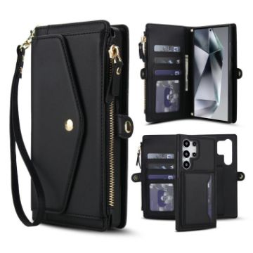Samsung Galaxy S24 Ultra 5G Wallet Leather Phone Case with Lanyard (Black) - 1