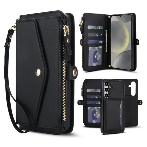 Samsung Galaxy S24 5G Wallet Detachable Leather Case with Lanyard - Black - 1