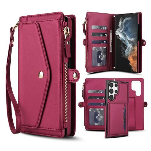 Samsung Galaxy S23 Ultra 5G Red Leather Wallet Case with Lanyard - 1