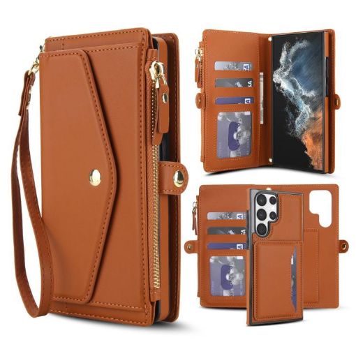 Samsung Galaxy S23 Ultra 5G Wallet Leather Case with Lanyard (Brown) - 1
