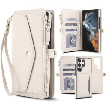 Samsung Galaxy S22 Ultra 5G Wallet Leather Phone Case with Lanyard White - 1