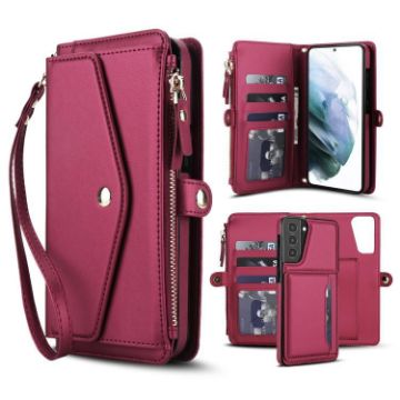 Samsung Galaxy S21 5G Red Leather Wallet Phone Case with Lanyard - 1