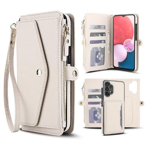 Samsung Galaxy A13 Wallet Case, Detachable Leather with Lanyard, White - 1