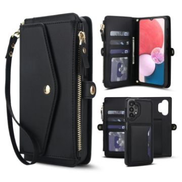 Samsung Galaxy A13 Wallet Case: Detachable Leather with Lanyard, Black - 1