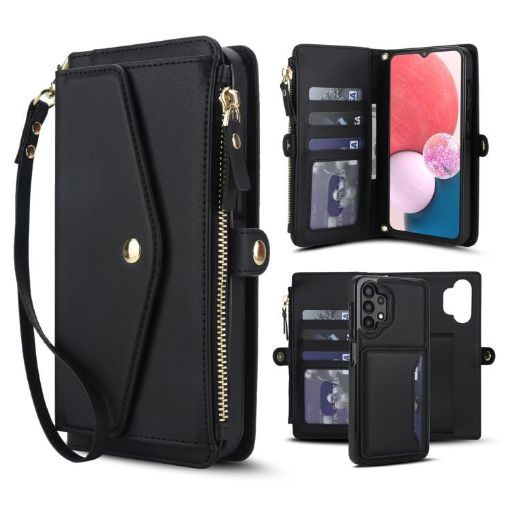 Samsung Galaxy A13 Wallet Case: Detachable Leather with Lanyard, Black - 1