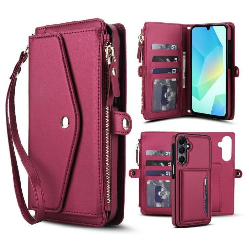 Samsung Galaxy A16 5G Red Leather Wallet Phone Case with Lanyard - 1
