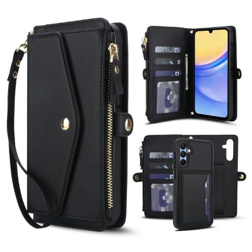 Samsung Galaxy A35 5G Wallet Detachable Leather Case with Lanyard - Black - 1