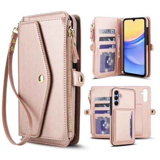 Samsung Galaxy A55 5G Wallet Case, Detachable Leather, Lanyard, Rose Gold - 1