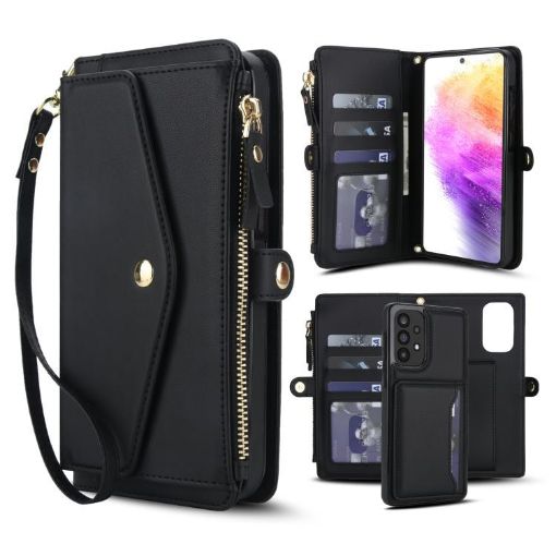 Samsung Galaxy A73 5G Wallet Detachable Leather Case with Lanyard (Black) - 1