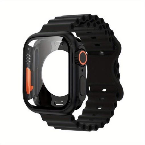 Apple Watch 44mm/45mm Ocean Silicone Band with Case - Black - 1