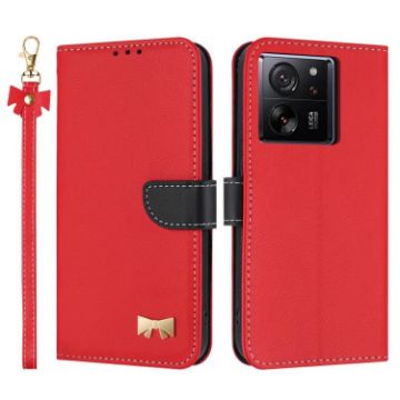 Xiaomi 13T/13T Pro Red Metal Bow Leather Case with Hand Strap - 1