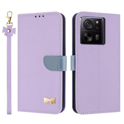 Xiaomi 13T/13T Pro Purple Metal Bow Leather Case with Hand Strap - 1