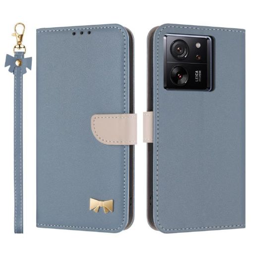 Xiaomi 13T/13T Pro Light Blue Metal Bow Leather Case with Hand Strap - 1