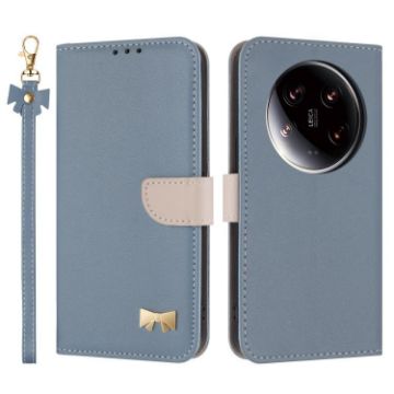 Xiaomi 14 Ultra Light Blue Metal Bow Leather Phone Case with Strap - 1