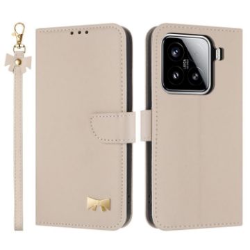 Xiaomi 15 Apricot Leather Phone Case with Metal Bow & Hand Strap - 1