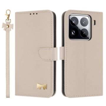 Xiaomi 15 Pro Apricot Leather Phone Case with Metal Bow & Hand Strap - 1