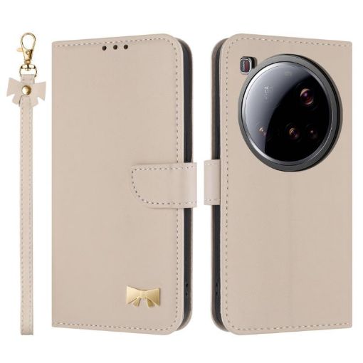 Xiaomi 15 Ultra Apricot Leather Phone Case with Metal Bow & Hand Strap - 1