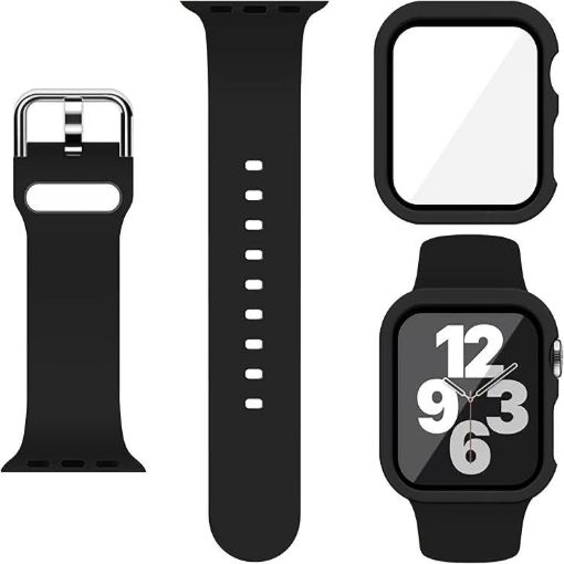 Apple Watch 44mm/45mm Silicone Band & PC Case with Film - Black - 1